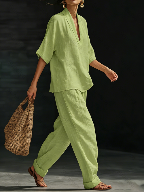 Casual And Cozy Minimalist Linen Two-piece Set 8539