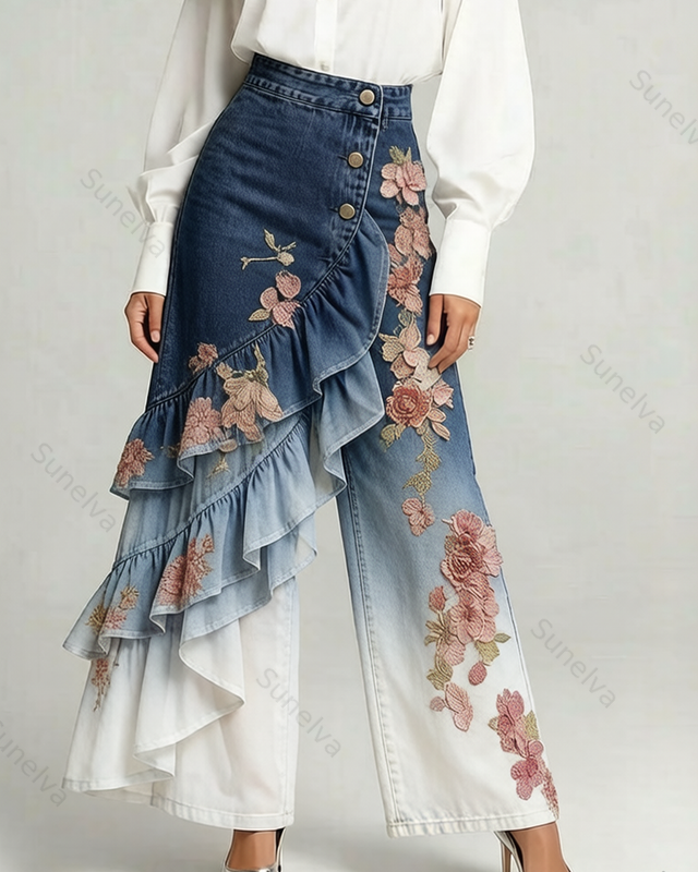 Women's Summer Elegant Floral Embroidery Ruffled Patchwork Gradient Denim Jeans  8987