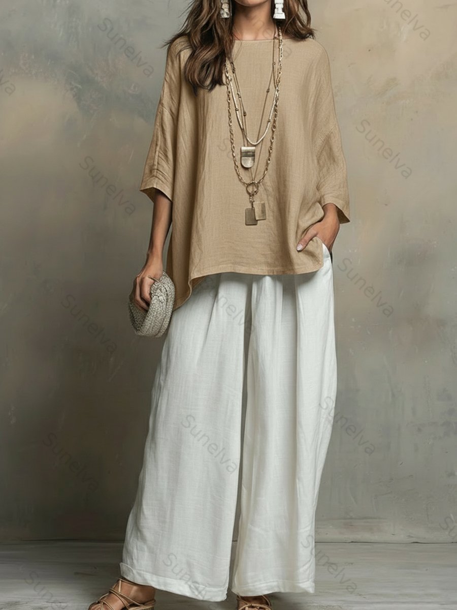 Cozy Cotton-linen Irregular Top And Wide-leg Pants Two-piece Set 95ff