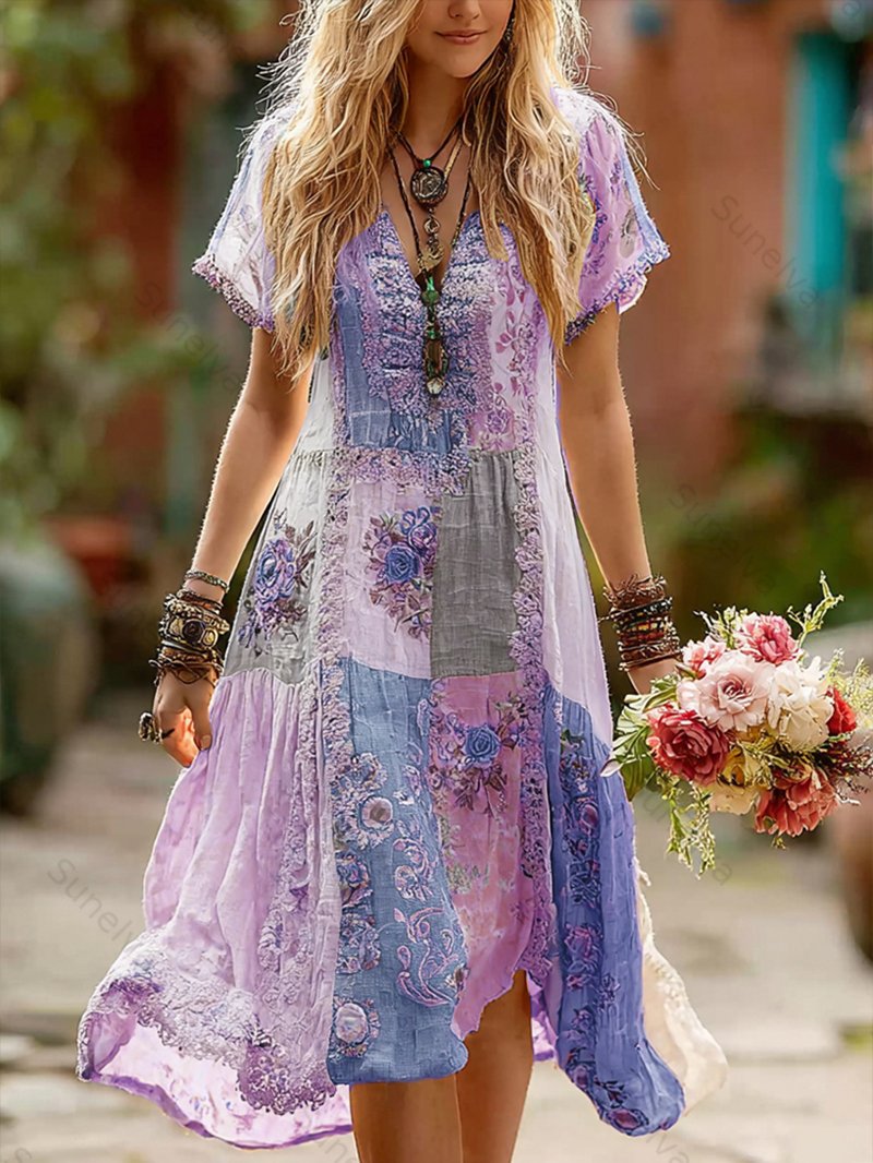 Women's Retro Floral Splicing Cotton And Linen Long Dress 4d1c