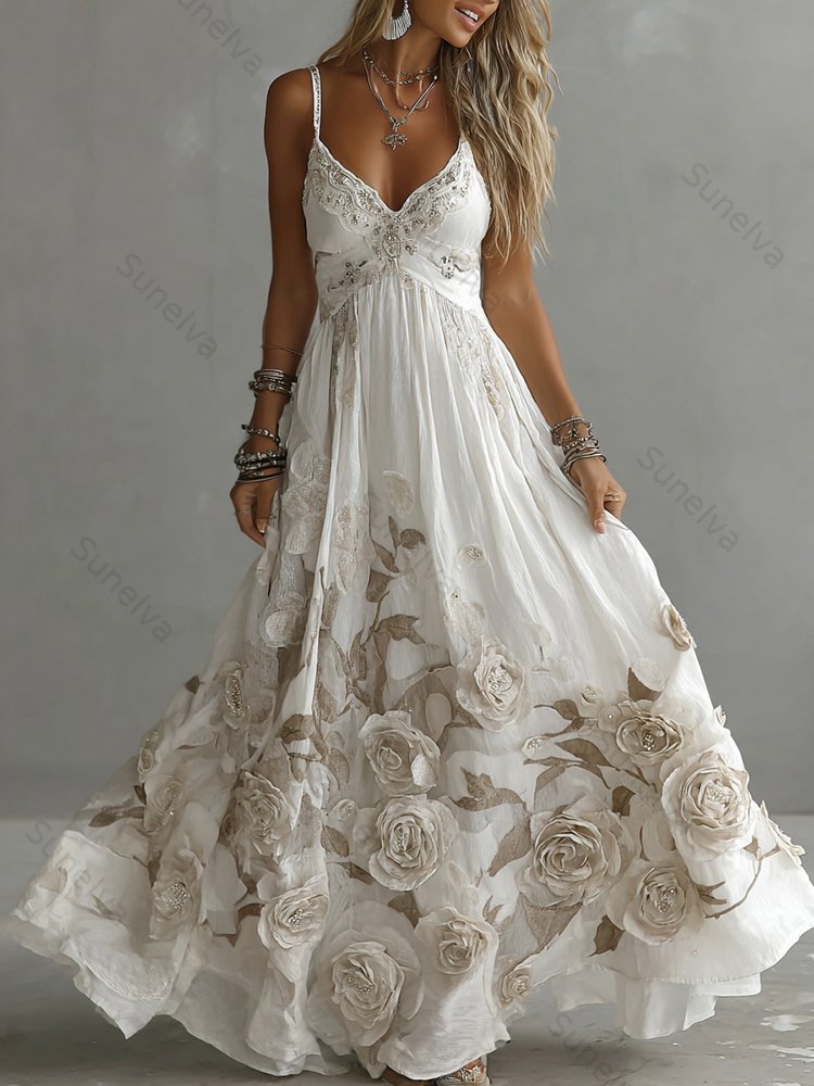 Women's Vintage Rose Embroidery Art V-neck Suspender Maxi Dress 4335