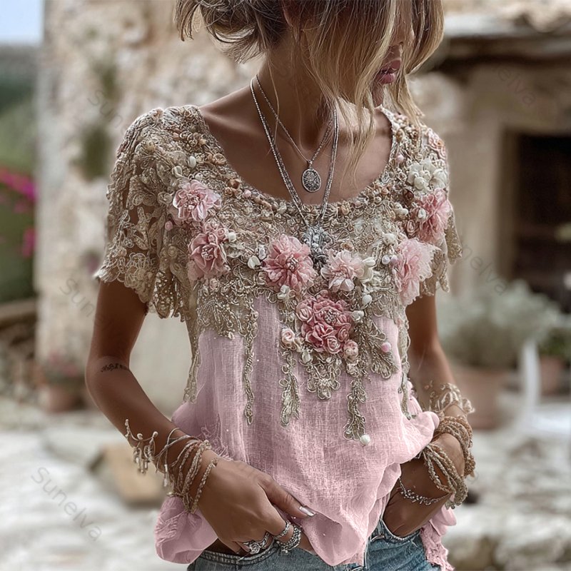 Women's Pink Rose Embroidery Art Round Neck Short Sleeve Linen Blend T-shirt 29bd