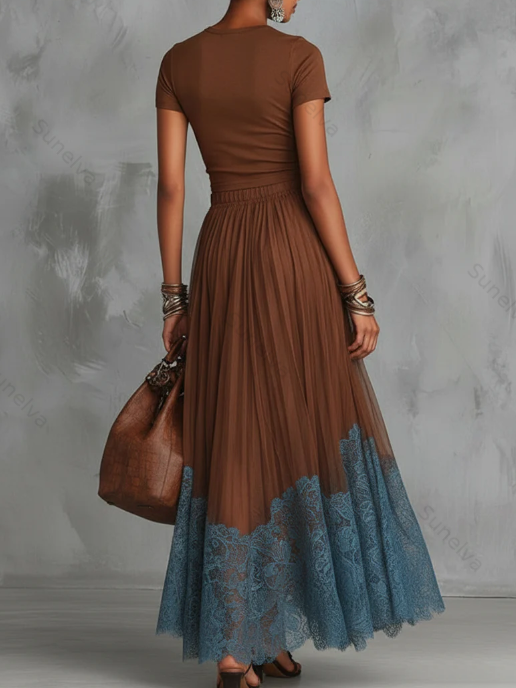 Stylish Stretch T-shirt And Lace-trimmed Skirt Two-piece Set 5823