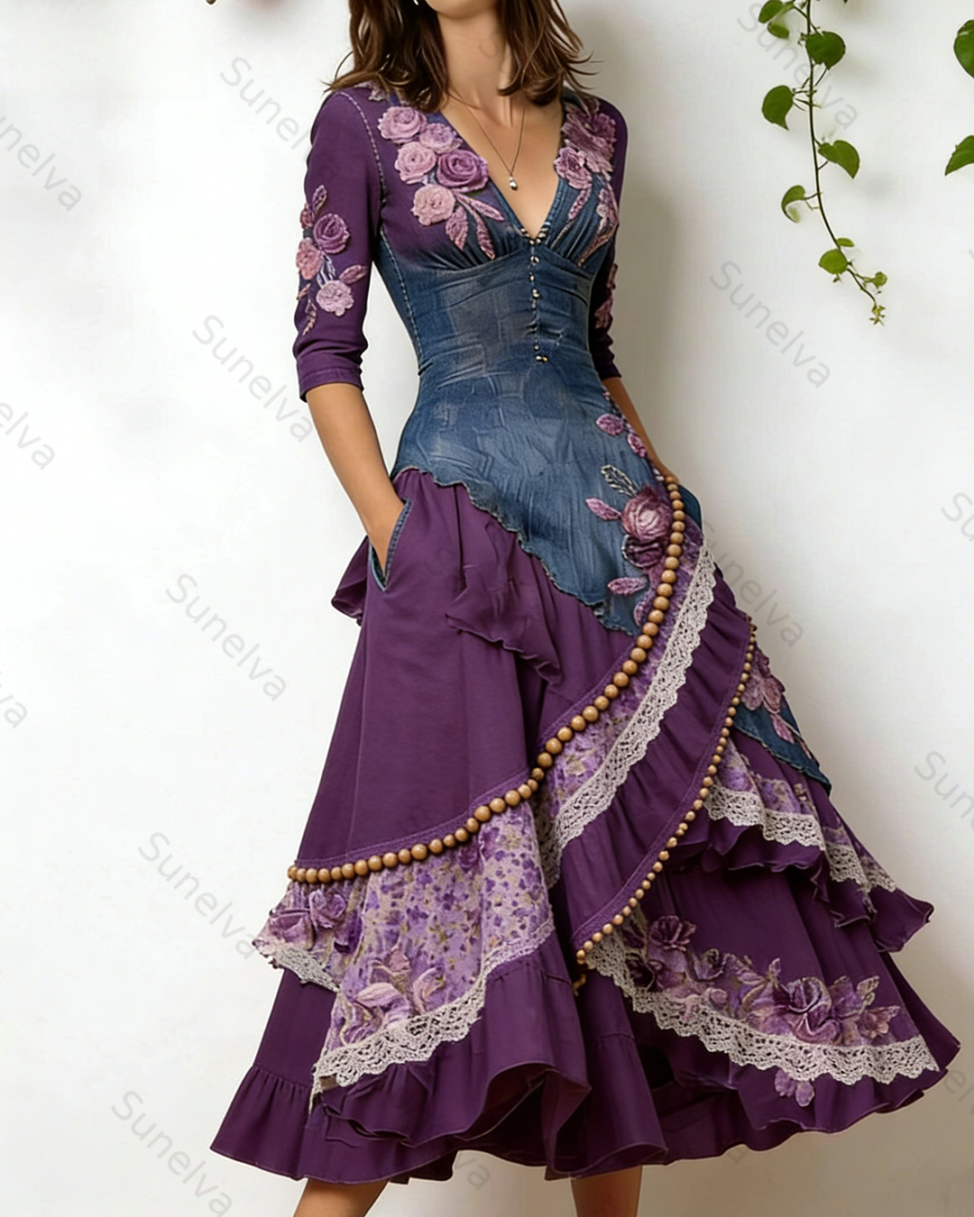 Women's Vacation Irregular Ruffle Flowers Embroidery Dress 1520