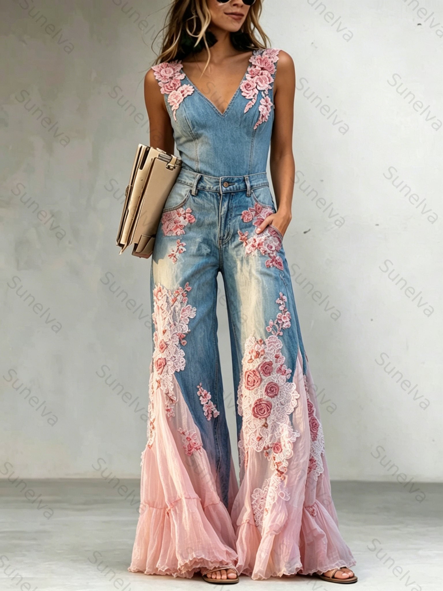 Women's Washed Denim Loose-Fit Sleeveless Jumpsuit with Straps  2610