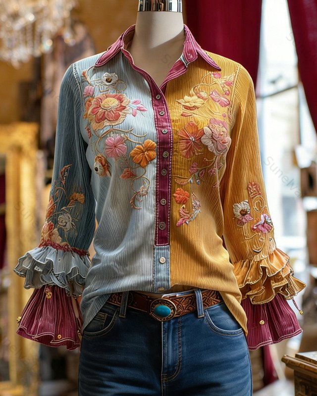 Women's Spring Retro Floral Embroidered Shirt & Trousers Two-Piece Set  4949