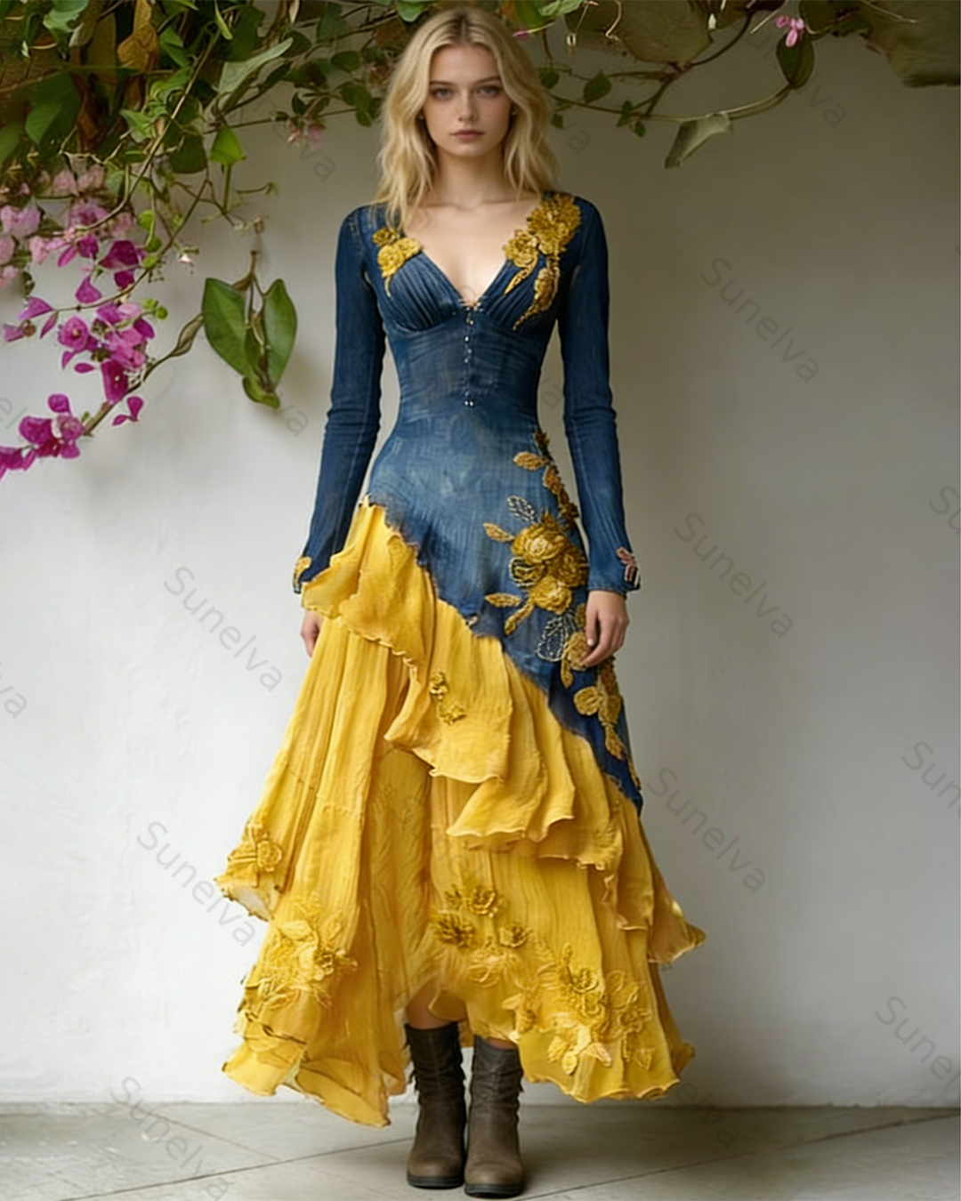 Women's Spring Elegant Flowers Irregular Ruffle Linen Dress 4547