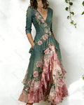 Women's elegant floral embroidered irregular ruffled linen patchwork dress 6308