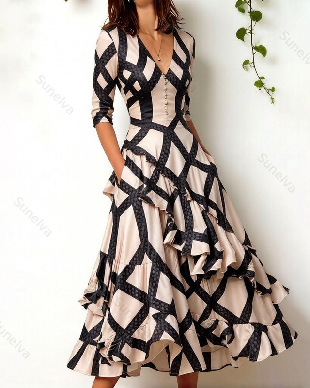 Women's elegant irregular ruffled linen patchwork dress 3591