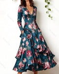 Women's Retro Elegant Fashion Floral Print Irregular Ruffle Patchwork Dress 8295
