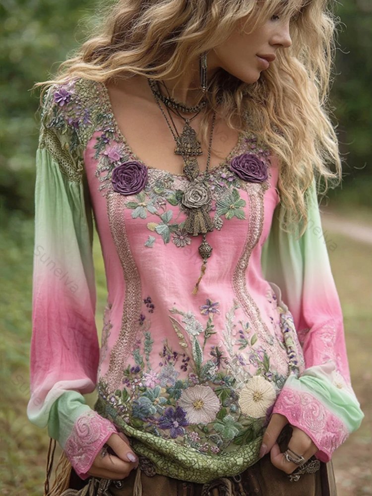 Classy Gradient Purple Lavender And Floral Embroidered Linen Long Sleeve Shirt 6047