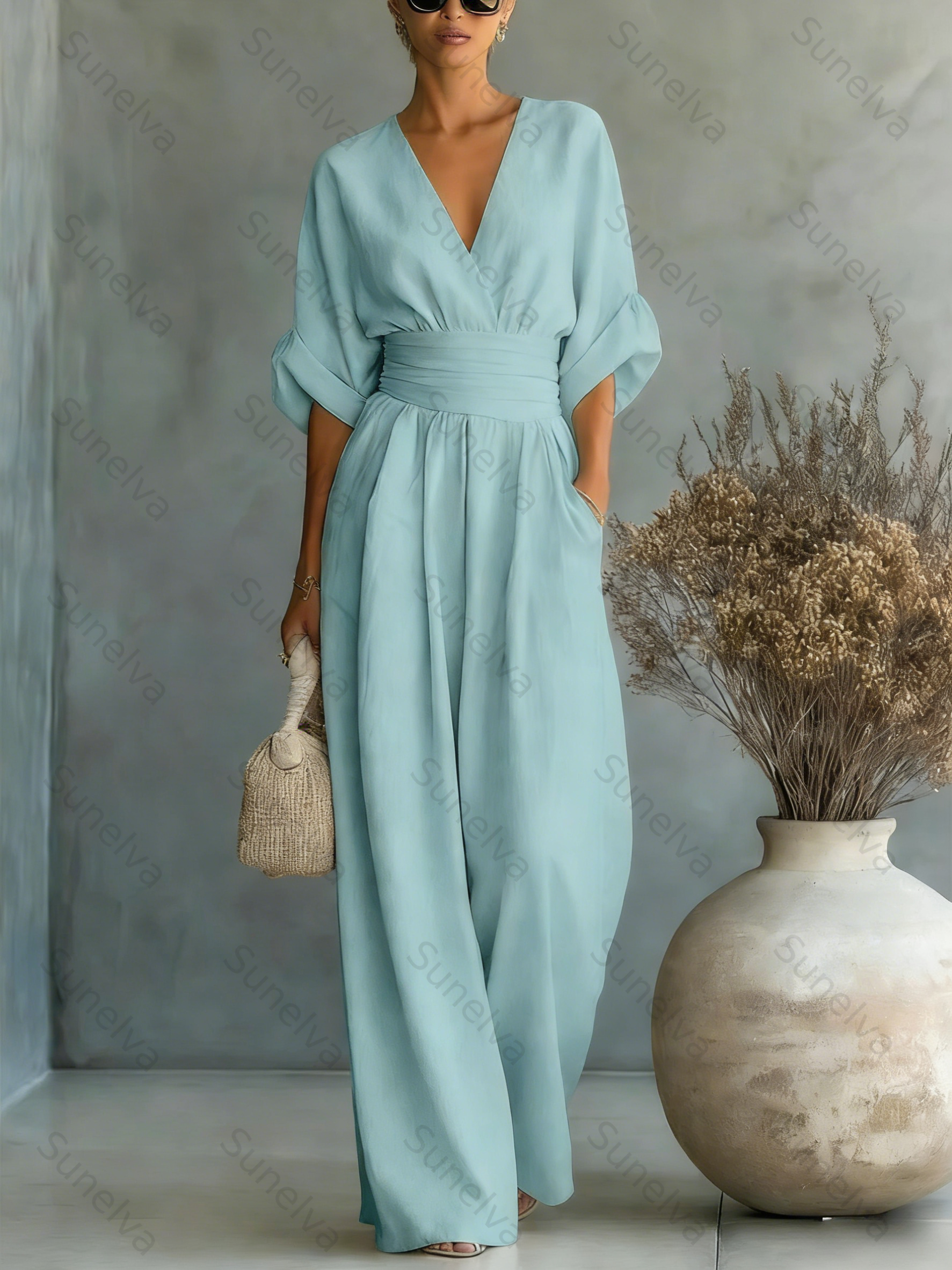 Elegant Vacation Casual Fashion V-neck Waist Jumpsuit 469e