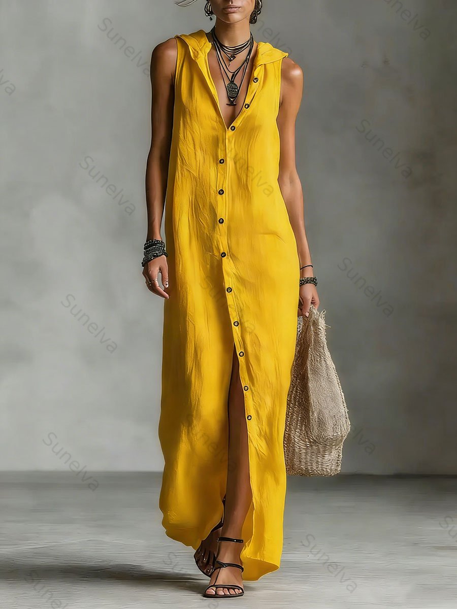 Women's Retro Hooded Solid Color Long-sleeved Cotton Linen Dress 0f4c