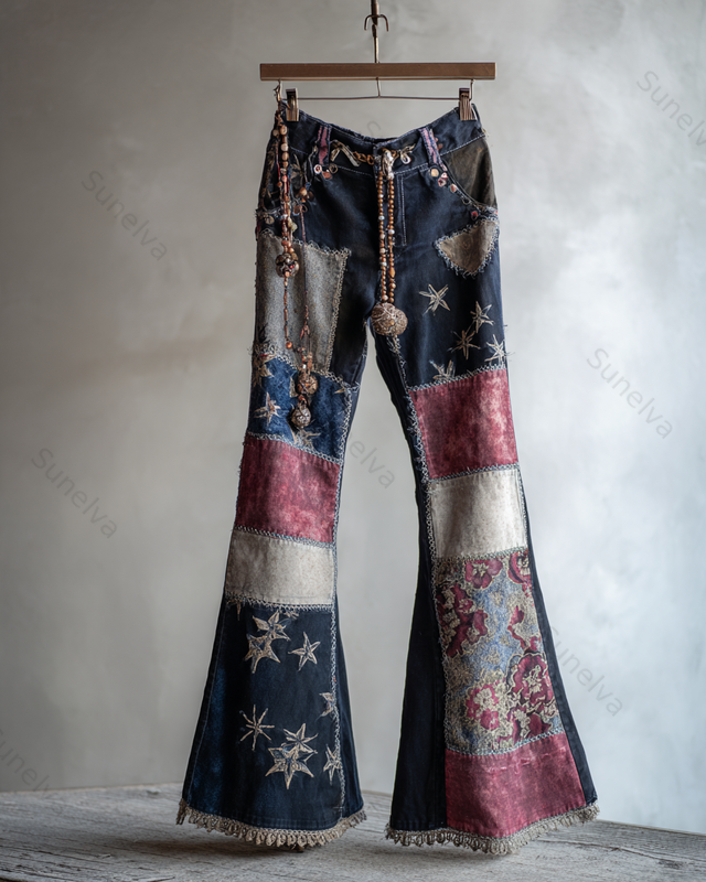 Spring/Summer Color Block Denim Linen Flared Pants6241