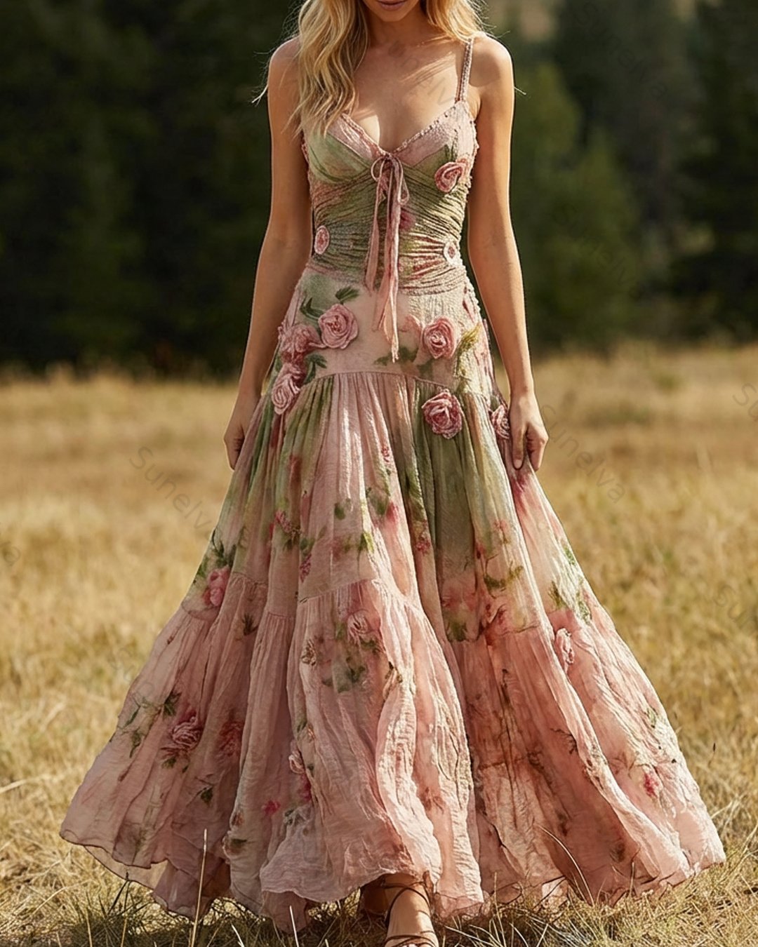 Women's Summer Elegant Floral Embroidery Tie-Dye Sundress  7203