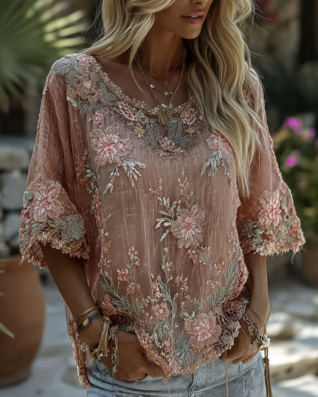 Women's Fashionable Floral Embroidered Asymmetrical Top 5871