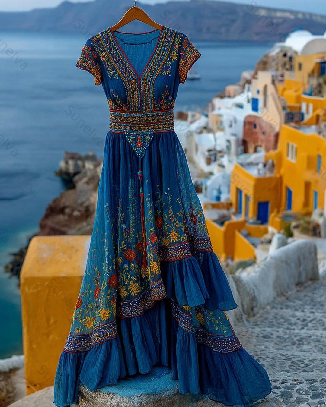 Women's Summer Flowers Embroidery Irregular Ruffle Linen Patchwork Dress 4425