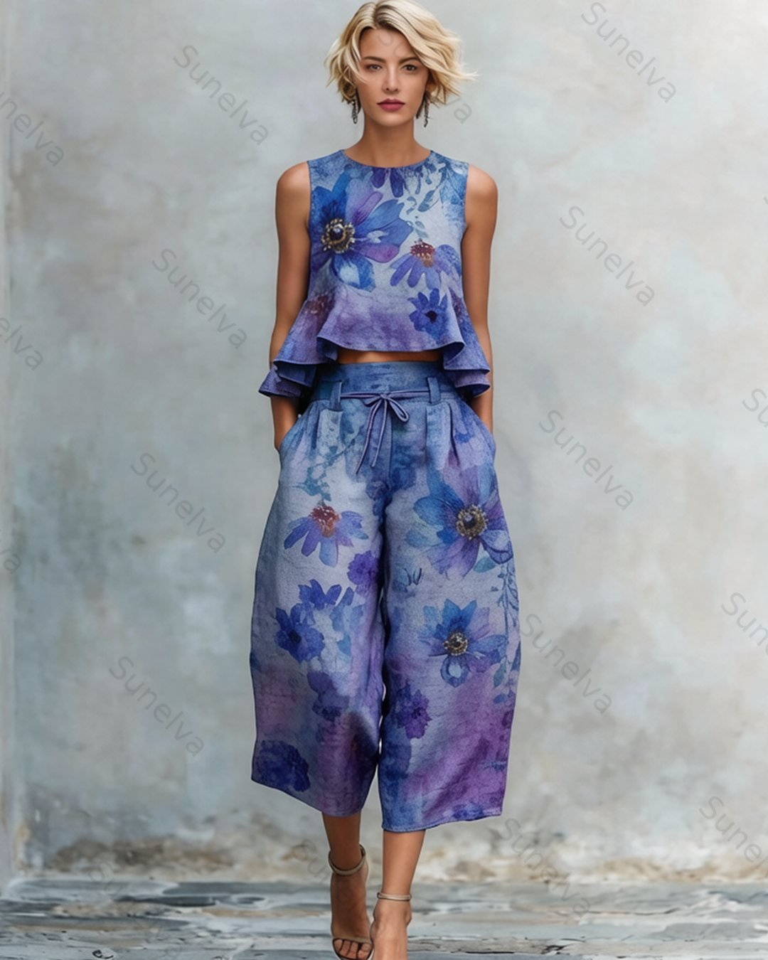 Women's Summer Resort Floral Embroidery Tie-Dye Gradient Linen Sleeveless Top & Pants Two-Piece Set 1360