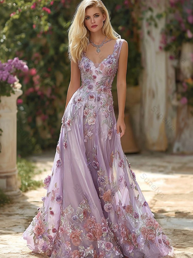 Purple Roses Embroidered V Neck Flowy Maxi Tank Dress ee23