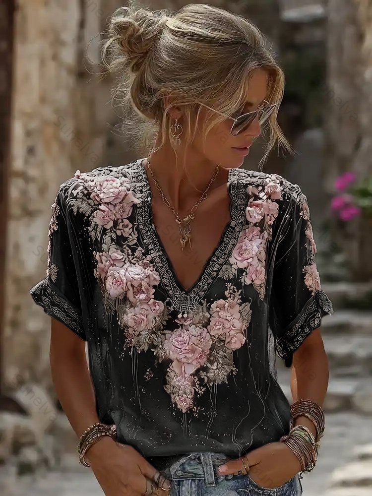Women's Vintage Resort Embroidered Floral V-neck T-shirt 4972