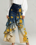 Women's Summer Elegant Floral Embroidery Ruffled Patchwork Gradient Denim Jeans  2058