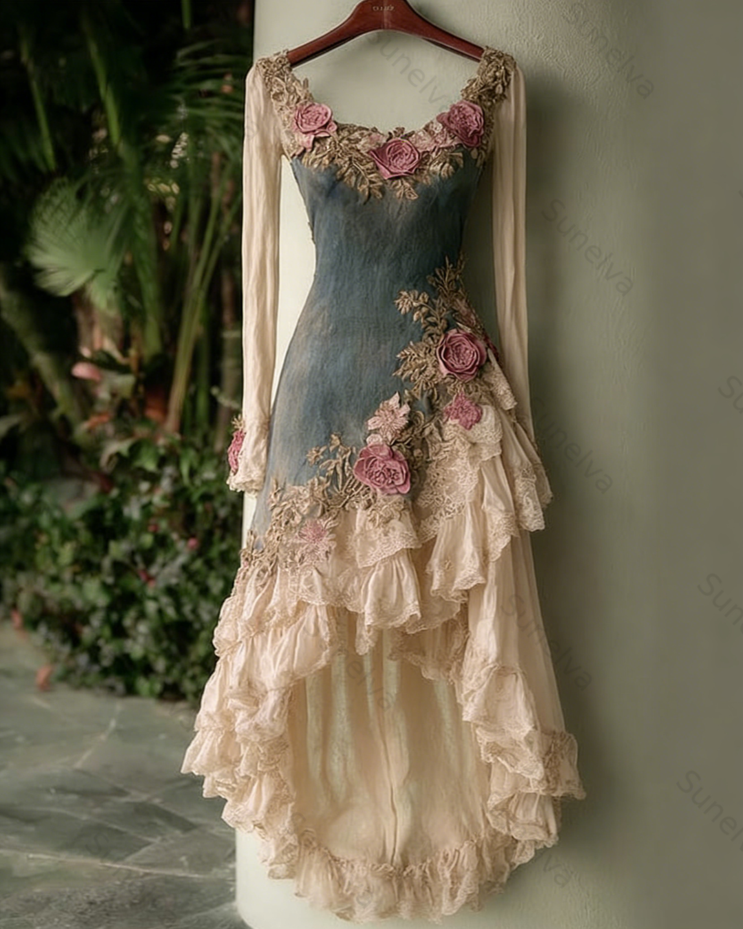 Women's Spring Elegant Flowers Irregular Ruffle Linen Dress 7329