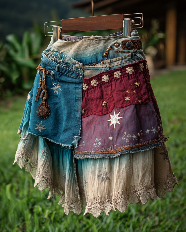 Spring/Summer Bohemian Style Color Block Denim Linen Skirt4528