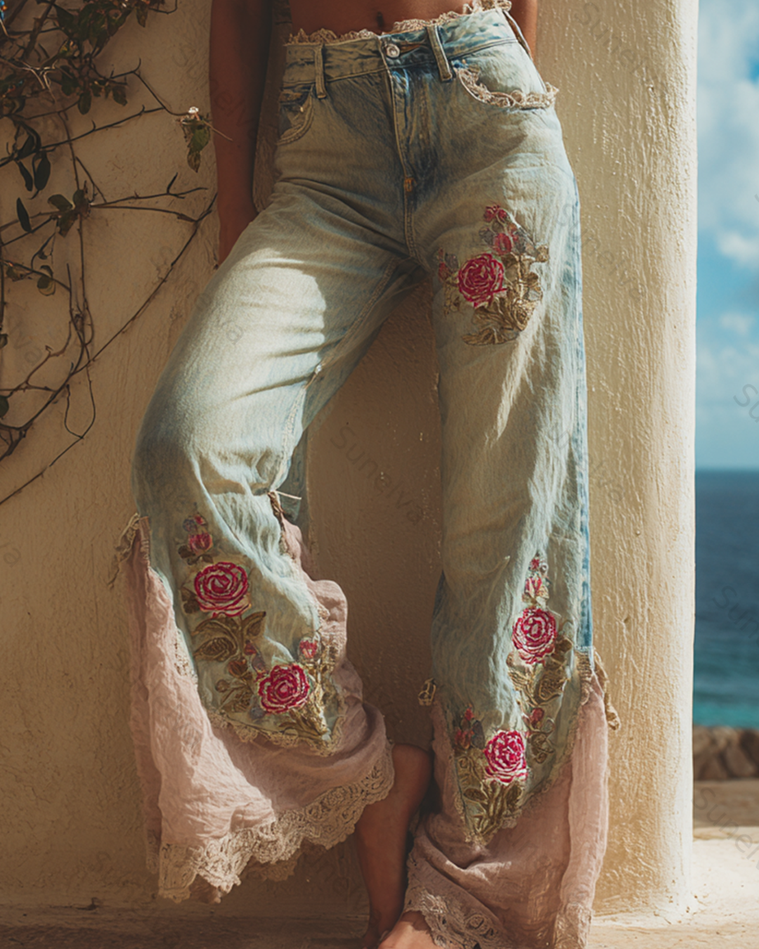 Women's Outdoor Fashion Floral Embroidery Color Block Gradient Denim Linen Pants 3345