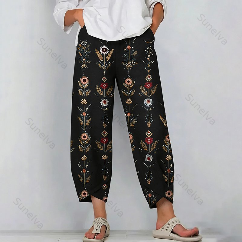 Women's Retro Bohemian Floral Pattern Casual Linen Capri Pants c4cb
