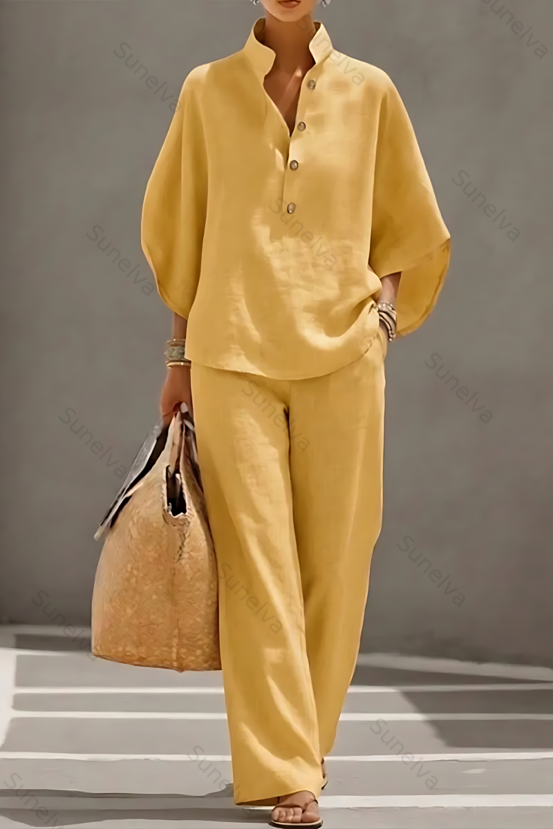 Women’s Batwing Sleeve Linen Cotton Two-Piece Set – Casual Shirt & Wide Leg Pants Outfit 2924