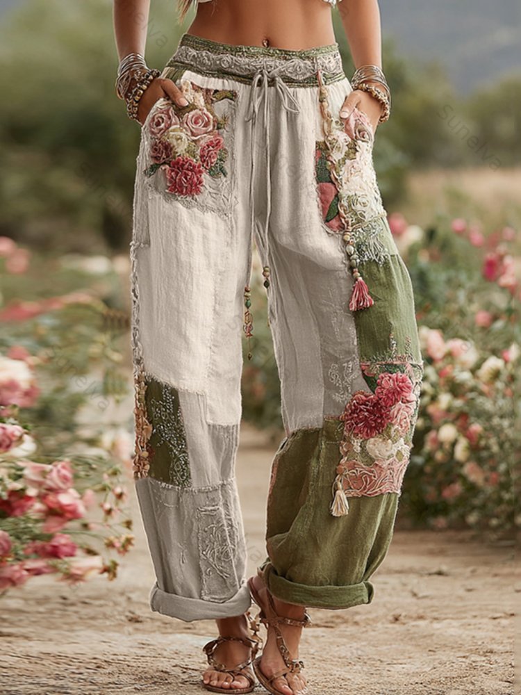 Love & Health Collection Retro Rose And Floral Patchwork Art Linen Pants b32c