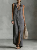 Women's Retro Hooded Solid Color Long-sleeved Cotton Linen Dress 0f4c