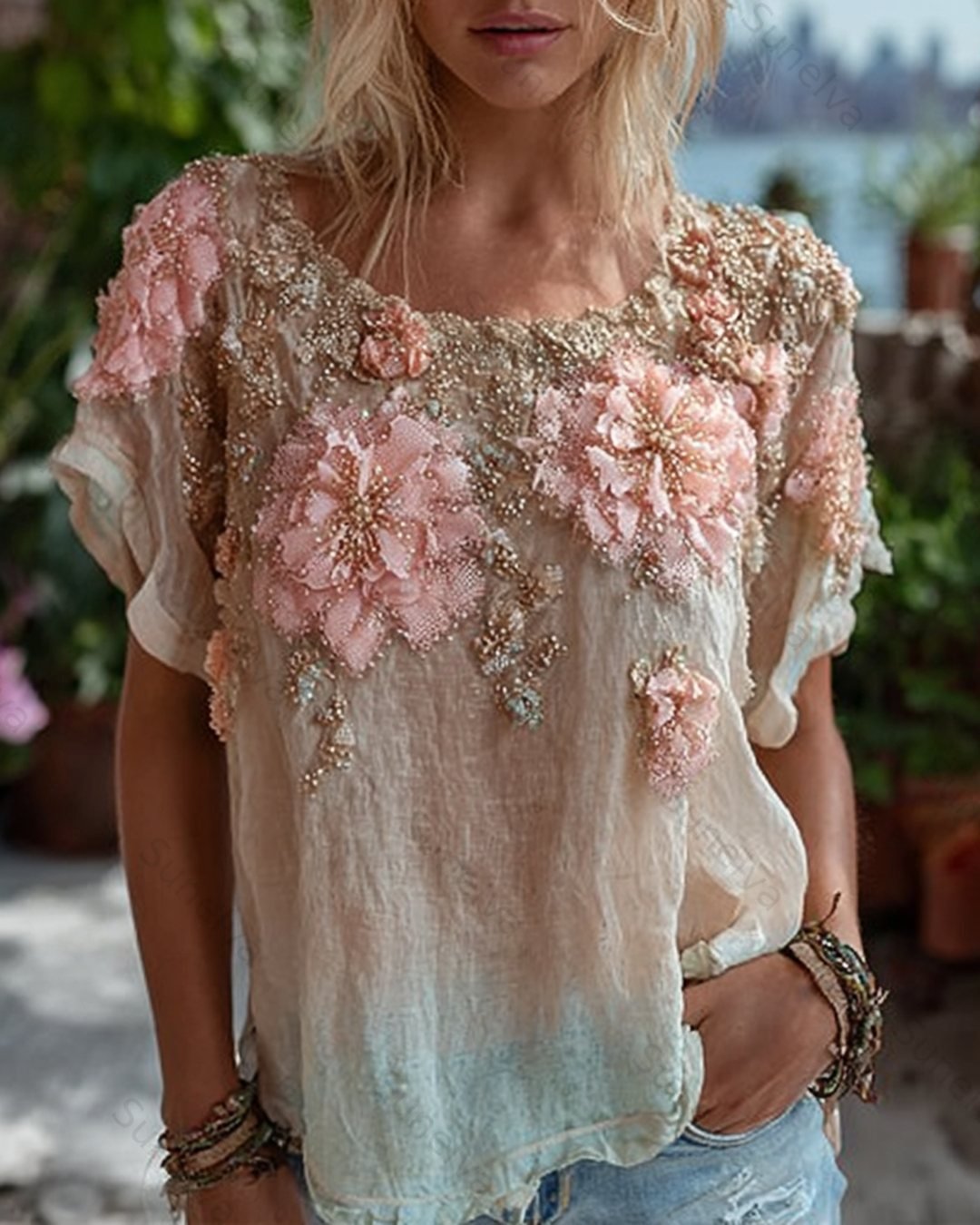 Women's Summer Fashion: Gradient-Printed Floral Embroidered Linen Short-Sleeve Top 8435