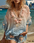Women's Outdoor Elegant Floral Embroidered Linen Blend Top & Shorts Two-Piece Set  7235