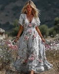 Women's Vintage Pink Floral Art Linen Blend Casual Short Sleeve Maxi Dress 38c7