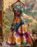 Women's Summer Vacation Fashionable and Elegant Tie-Dye Cotton Linen Short-Sleeve Dress 3928
