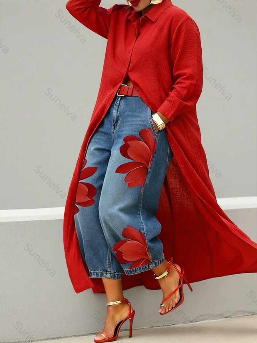 Women Casual Red Flower Jeans 9a69