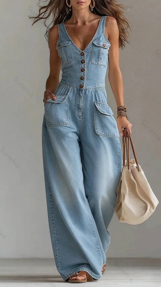 Women's Washed Denim Loose-Fit Sleeveless Jumpsuit with Straps 4379
