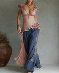 Women's Summer Flowers Embroidery Linen Patchwork Top & Pants Two-Piece Set 7113