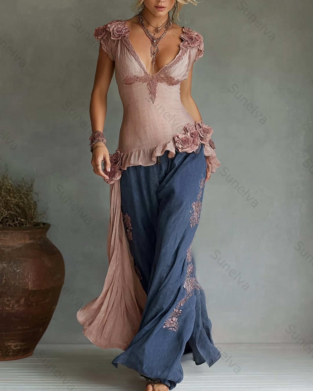 Women's Summer Flowers Embroidery Linen Patchwork Top & Pants Two-Piece Set 7113