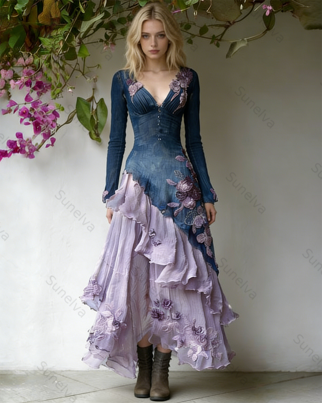Women's Spring Elegant Flowers Irregular Ruffle Linen Dress 4547