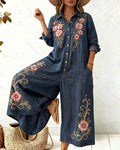 Women's Summer 3D Floral Embroidery Washed Thin Denim Overalls  3926