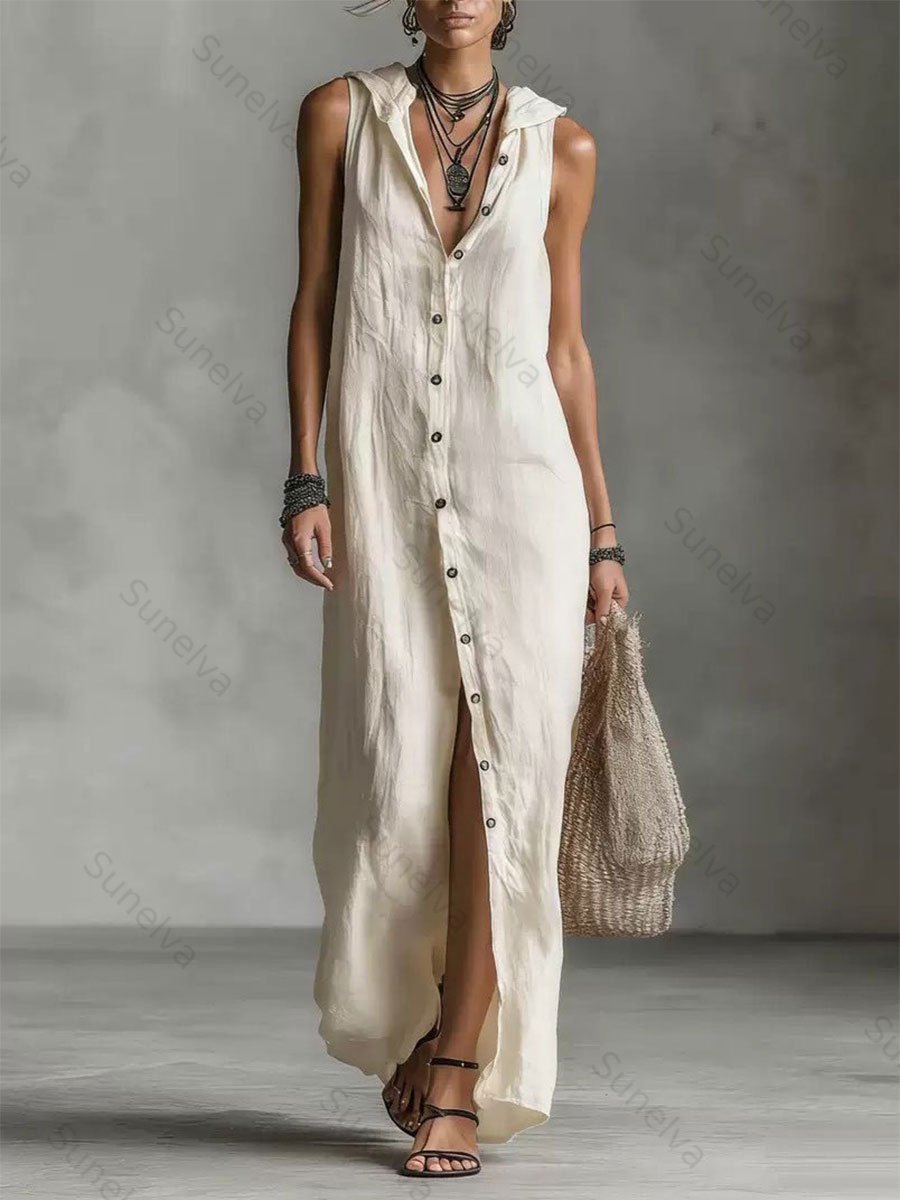 Women's Retro Hooded Solid Color Long-sleeved Cotton Linen Dress 0f4c
