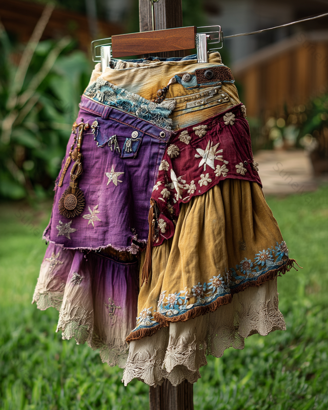 Spring/Summer Bohemian Style Color Block Denim Linen Skirt3615