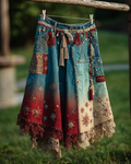 Spring/Summer Bohemian Style Color Block Denim Linen Skirt6227