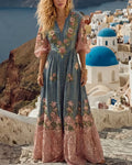 Women's Vacation Flowers Embroidery Linen Patchwork Dress 7246