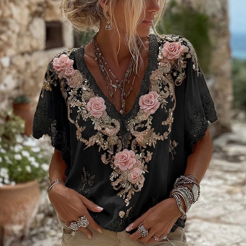 Women's Pink Roses Embroidered Art V-neck Short Sleeve Linen Blend T-shirt 4f5a