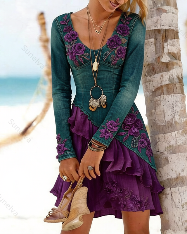 Women's Elegant Floral Embroidered Ombré Dress with Asymmetrical Ruffles 7807