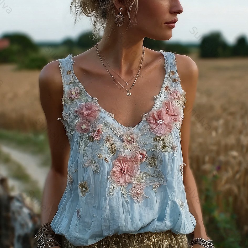 Bohemian Retro Pink Floral Pattern Women's Sleeveless Thin Shoulder Strap Vest 8990