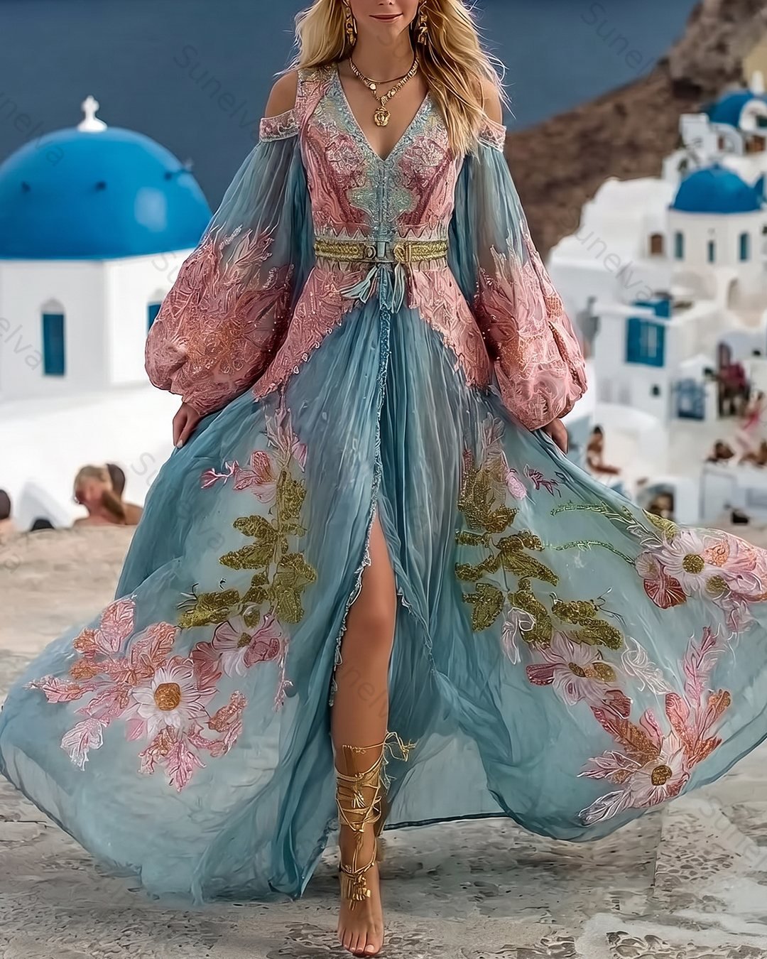 Women's Vacation Flowers Embroidery Linen Patchwork Dress 8713